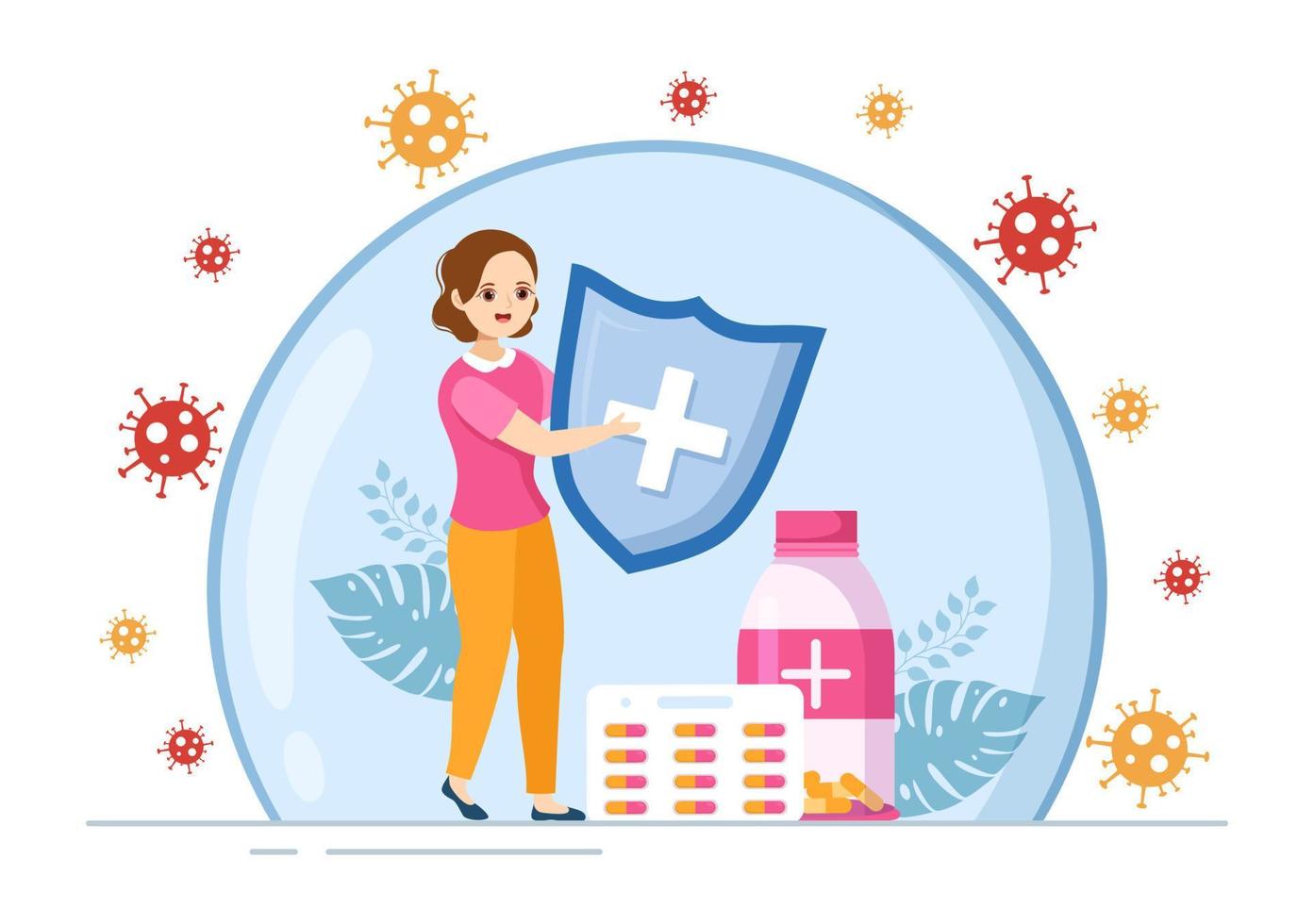 Immunology Illustration with People Immune Protection System Helping to Get Rid of Infections and Harmful Bacteria in Cartoon Hand Drawn Templates vector
