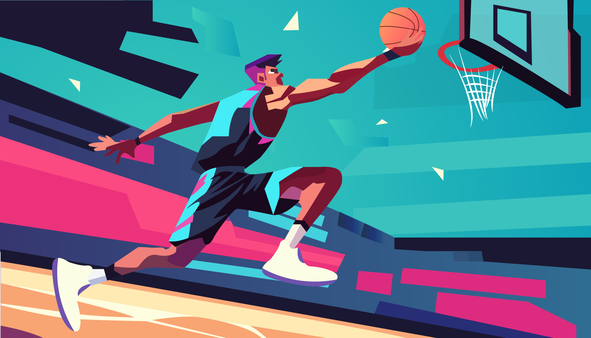 A cartoon of a basketball player lay up ball flat vector illustration ...