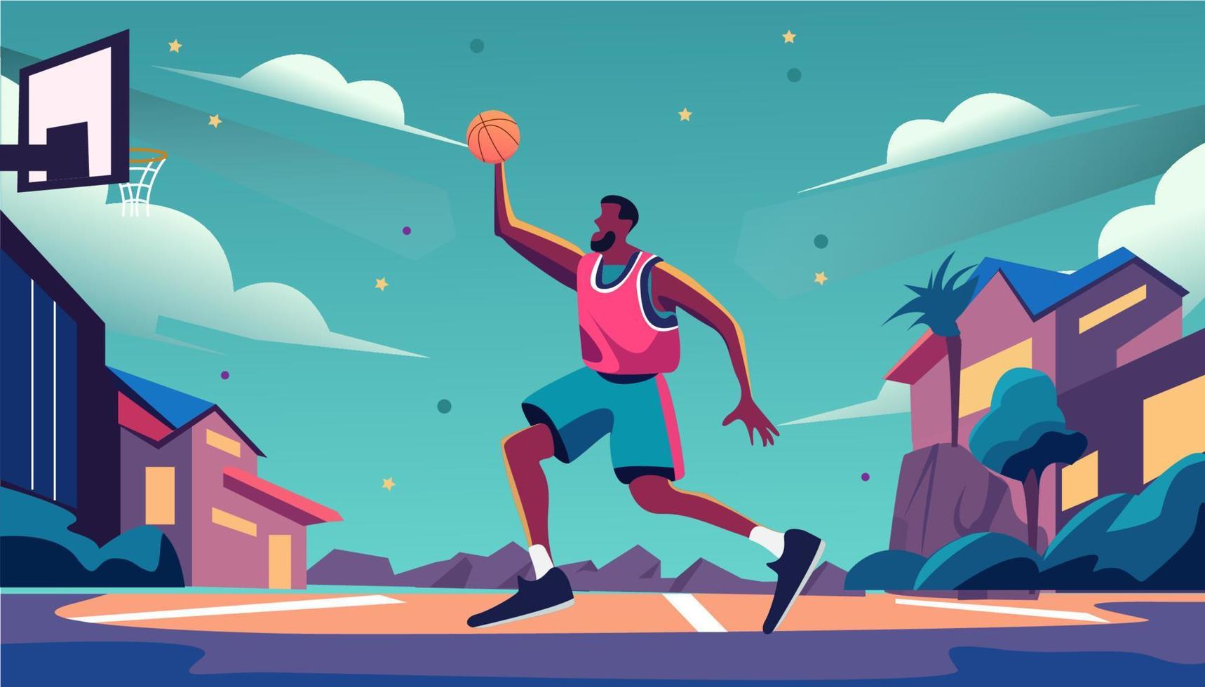 A cartoon of a basketball player lay up ball flat vector illustration