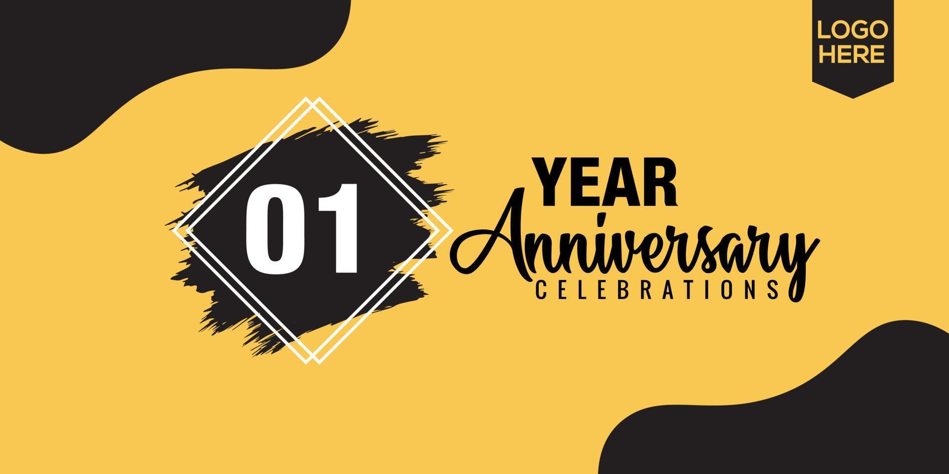 01st years anniversary celebration logo design with black brush and yellow color with black abstract vector illustration