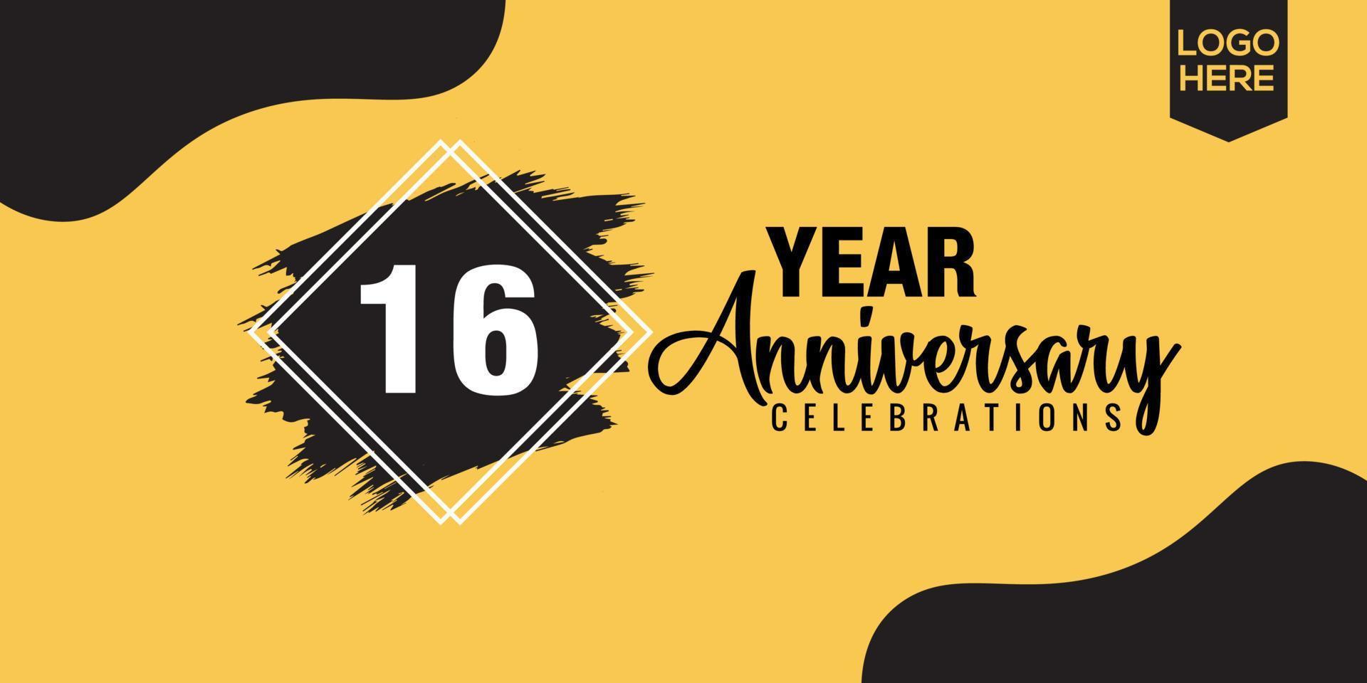 16 años aniversario celebracion logo diseño con negro cepillo y amarillo color con negro resumen vector ilustración