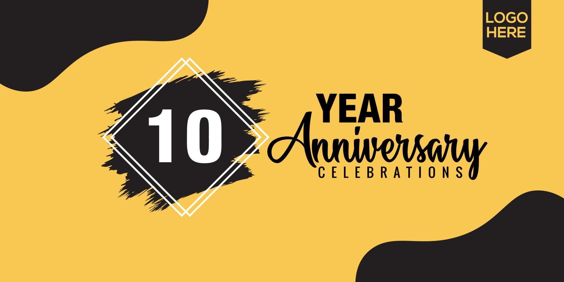 10 años aniversario celebracion logo diseño con negro cepillo y amarillo color con negro resumen vector ilustración