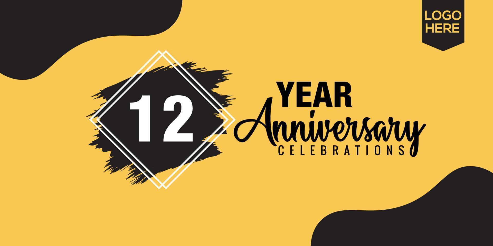 12th years anniversary celebration logo design with black brush and yellow color with black abstract vector illustration