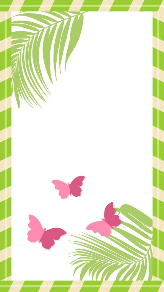 Frame with tropical palm leaves and butterflies. Vector illustration with place for your text.