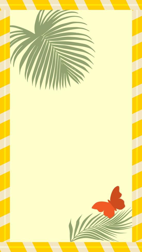 Tropical vertical background with palm leaves and butterfly and place for text. Flat style vector illustration.
