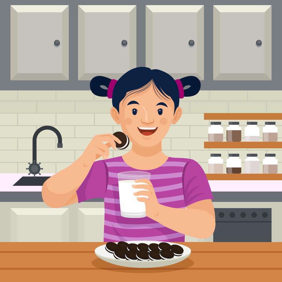 Cute Girl Enjoying Biscuits With a Glass Of Milk vector