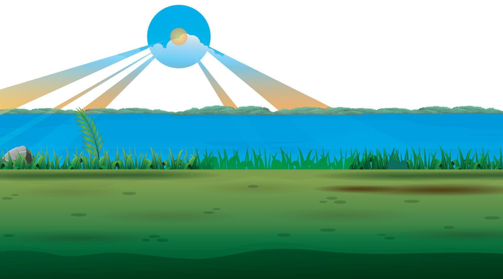 Beautiful Green Grass Field With Blue Water River vector