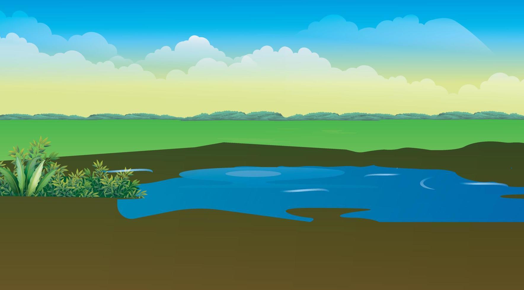 Blue Water Pond With Green Grass Field vector