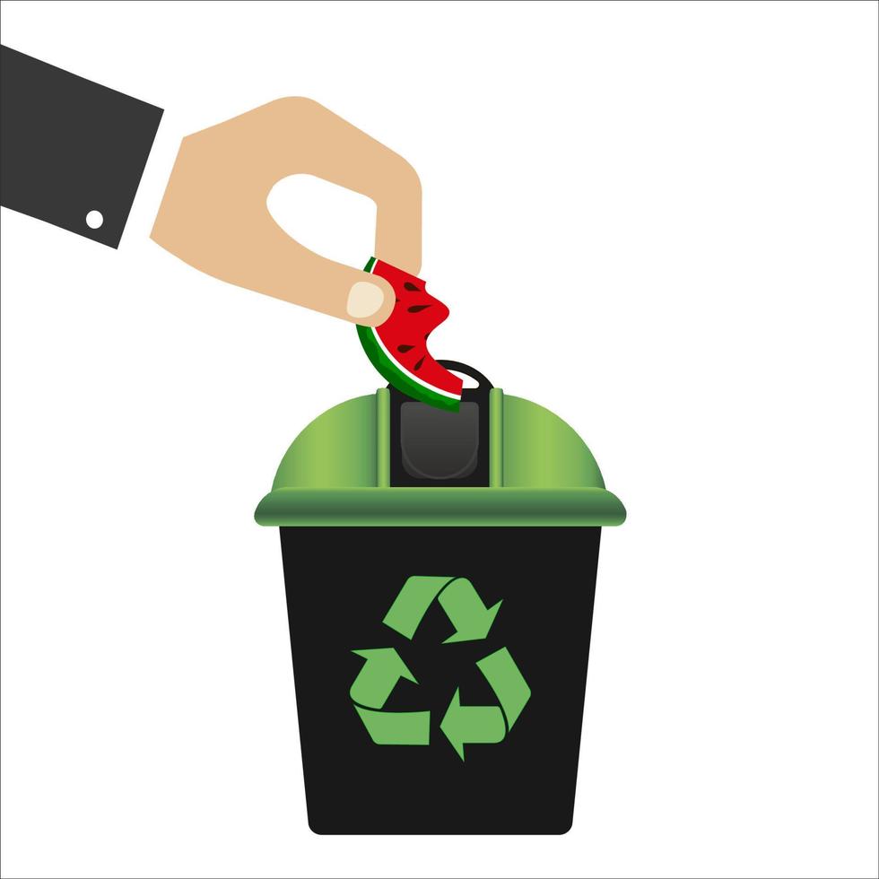 Recycling bin with green lid for waste products. Recycling symbol. Environmental Protection. Zero waste. White background. Vector illustration
