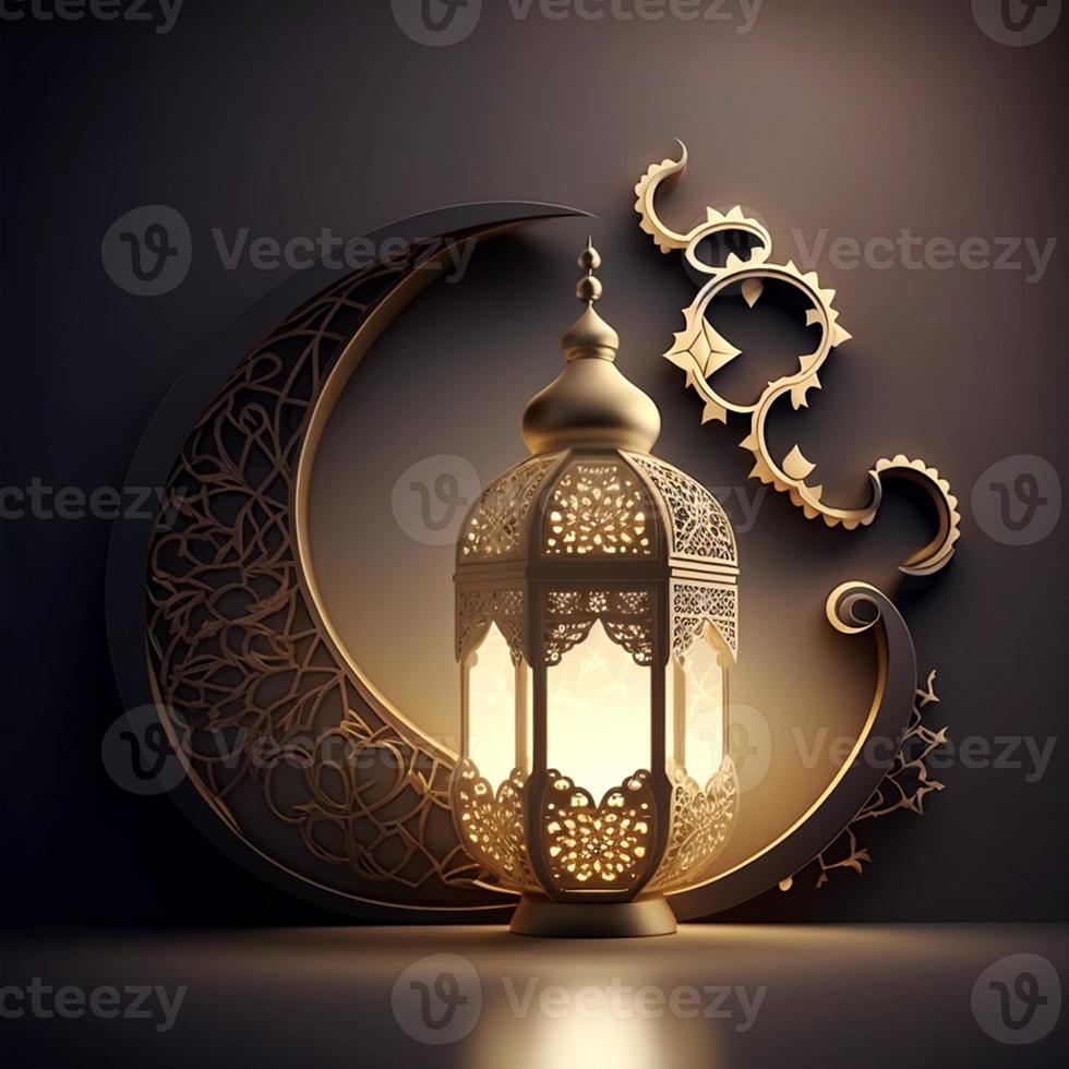 islamic lantern and Golden moon luxury style, Ramadan Kareem, mawlid, iftar, isra miraj, eid al fitr 3D illustration with blackish Background photo