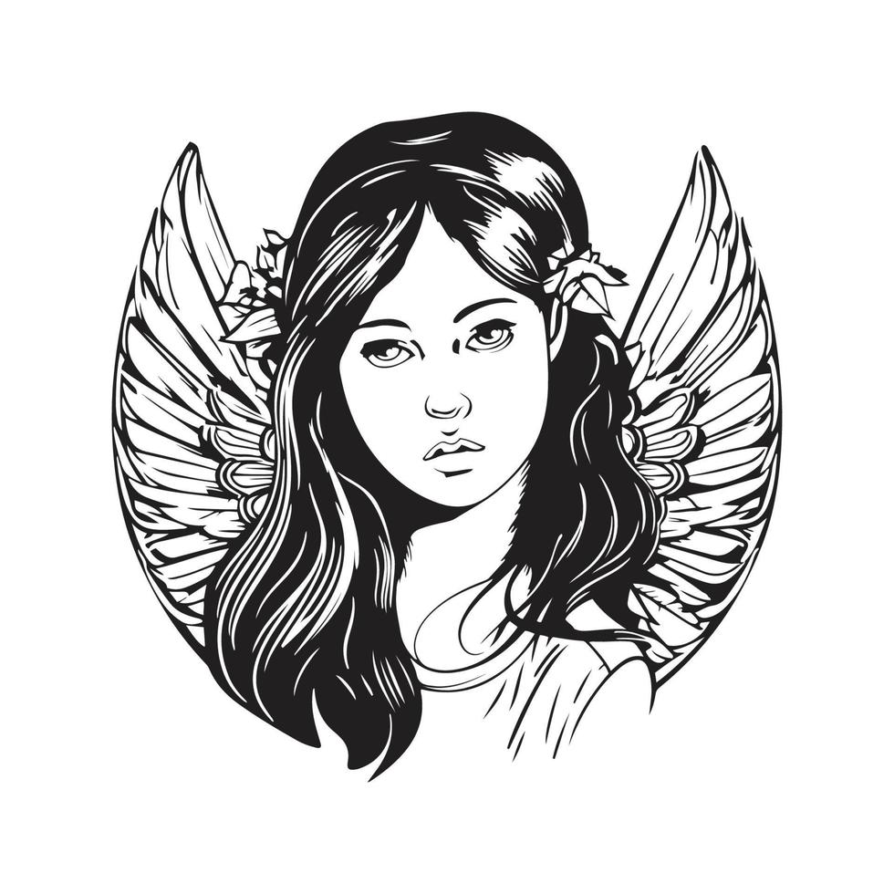 girl angel mascot logo ,hand drawn illustration. Suitable For Logo, Wallpaper, Banner, Background, Card, Book Illustration, T-Shirt Design, Sticker, Cover, etc vector