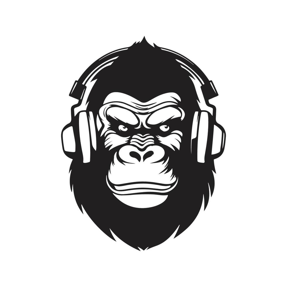 gorilla headphones mascot logo ,hand drawn illustration. Suitable For Logo, Wallpaper, Banner, Background, Card, Book Illustration, T-Shirt Design, Sticker, Cover, etc vector