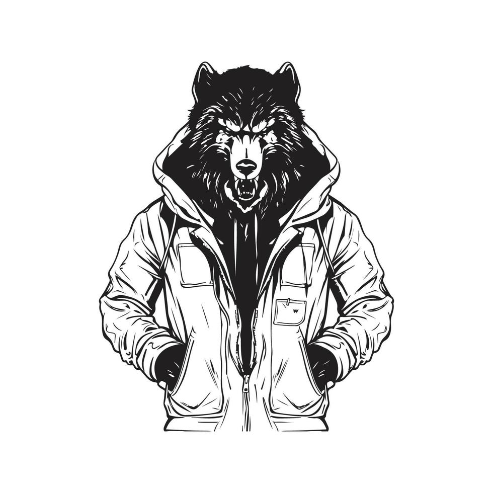 hombre-lobo con chaqueta y capucha, vector concepto digital Arte ,mano dibujado ilustración