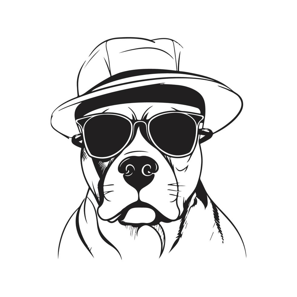 dog american staffordshire terrier in sunglasses and hat, vector concept digital art ,hand drawn illustration