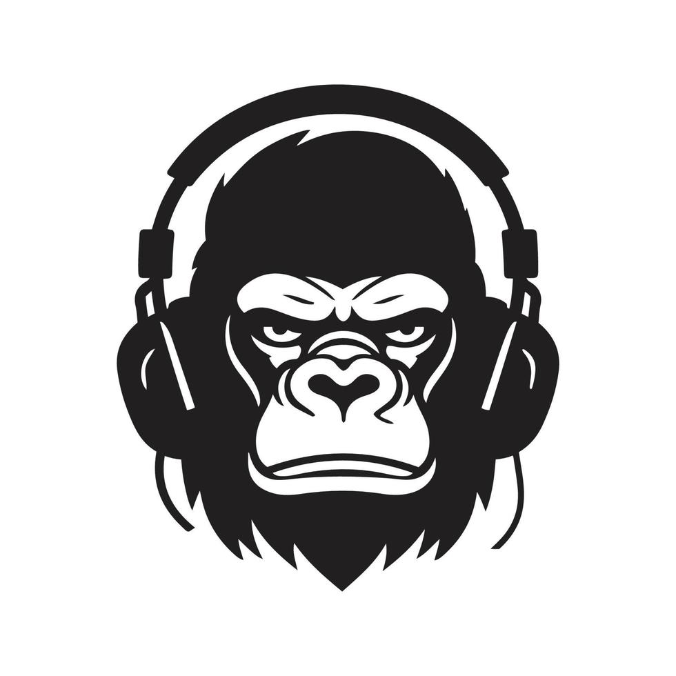 gorilla headphones mascot logo ,hand drawn illustration. Suitable For Logo, Wallpaper, Banner, Background, Card, Book Illustration, T-Shirt Design, Sticker, Cover, etc vector