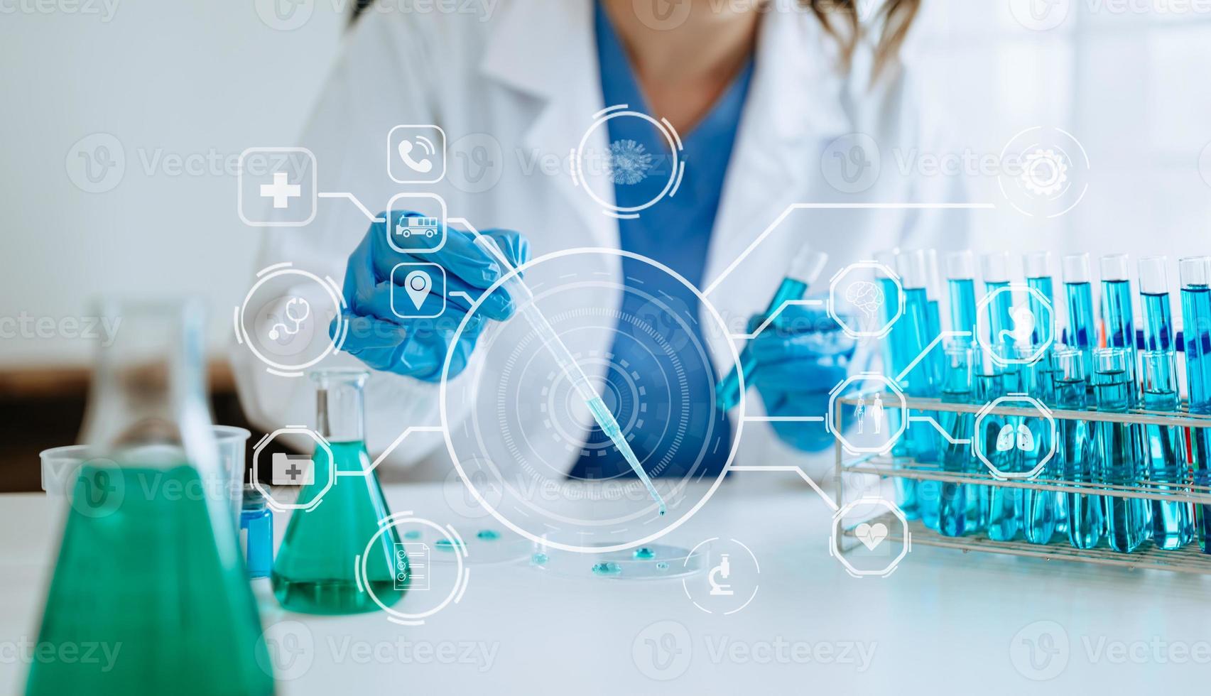 DNA molecule testing concepts. The doctor in a mask examines DNA molecules on the chemical laboratory with vr icon photo