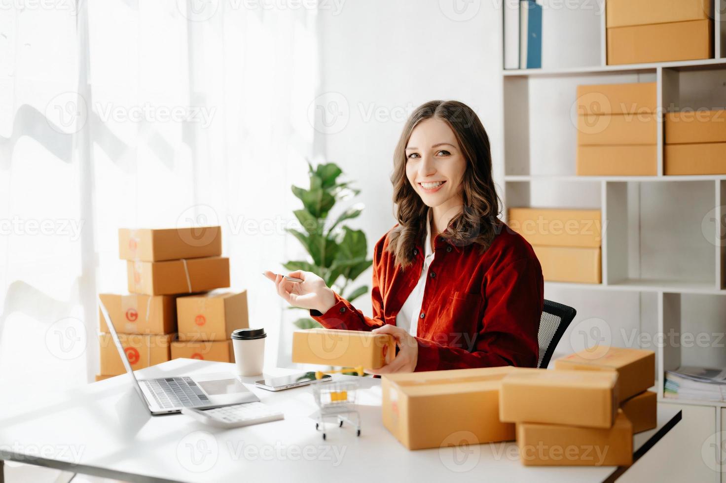 pequeño negocio empresario SME Lanza libre mujer trabajando a oficina, caja, tableta y ordenador portátil en línea, marketing, embalaje, entrega, comercio electrónico concepto foto