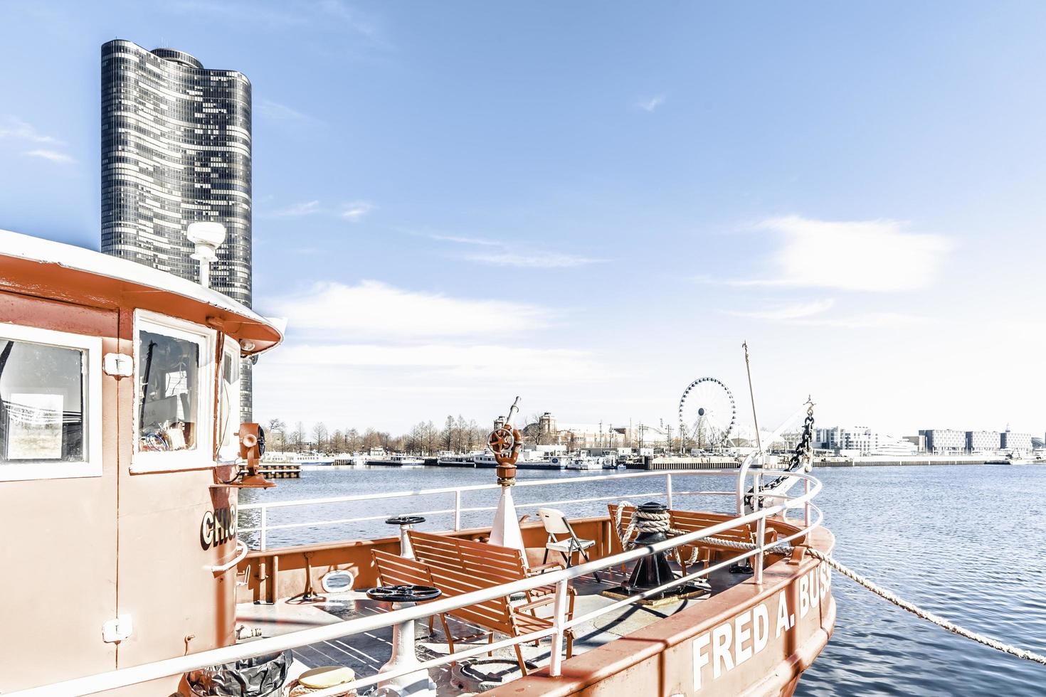 March 4 2023. Chicago, Illinois. Boats and architecture near Navy Pier in Chicago. photo