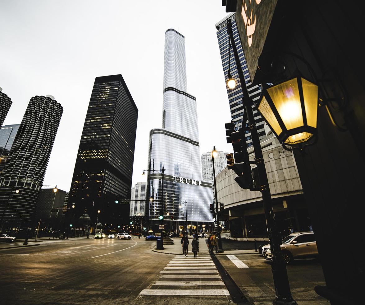 March 3 2023. Chicago, Illinois. Architecture and buildings in downtown Chicago at night. photo