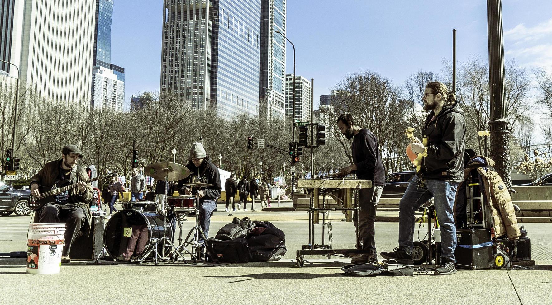 March 4 2023. Chicago, Illinois. A band performs music in downtown Chicago. photo