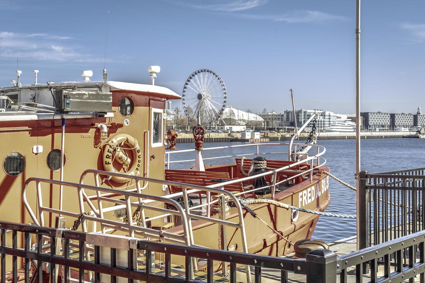 March 4 2023. Chicago, Illinois. Boats and architecture near Navy Pier in Chicago. photo