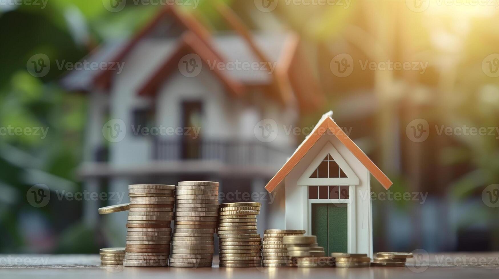 House model and coins stack on table with real estate concept , artwork photo