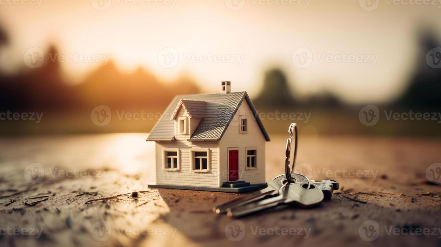 Miniature house with keys on wooden background. Real estate concept., artwork photo