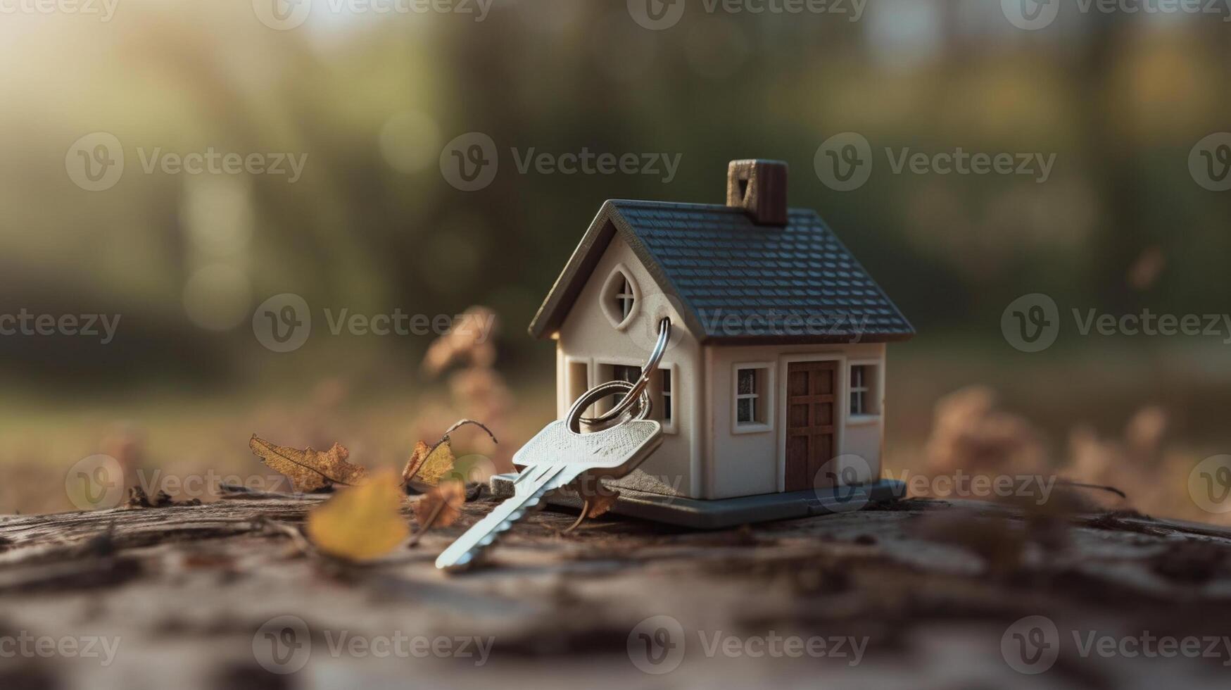 Miniature house with keys on wooden background. Real estate concept., artwork photo