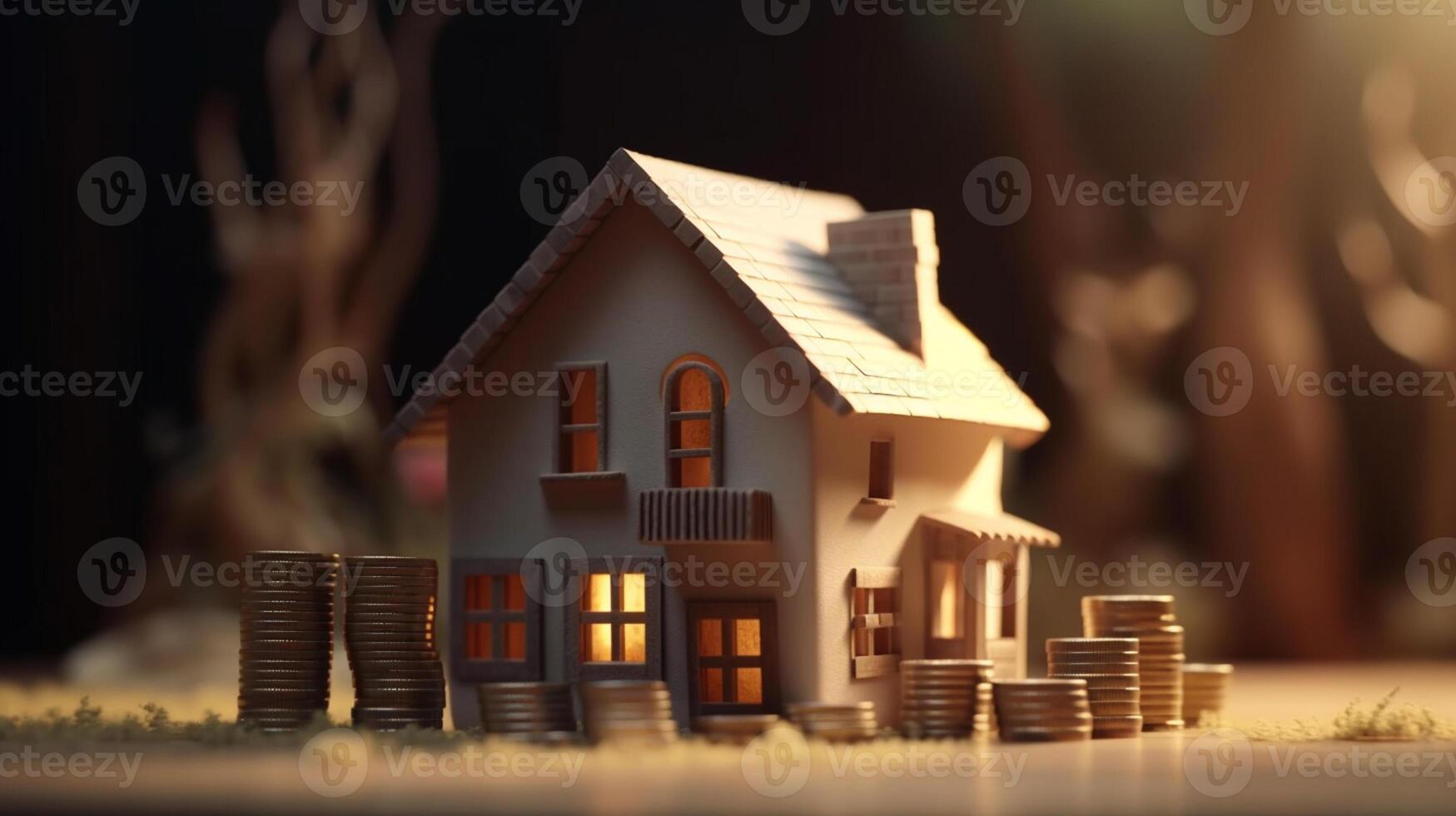 House model and coins stack on table with real estate concept , artwork photo