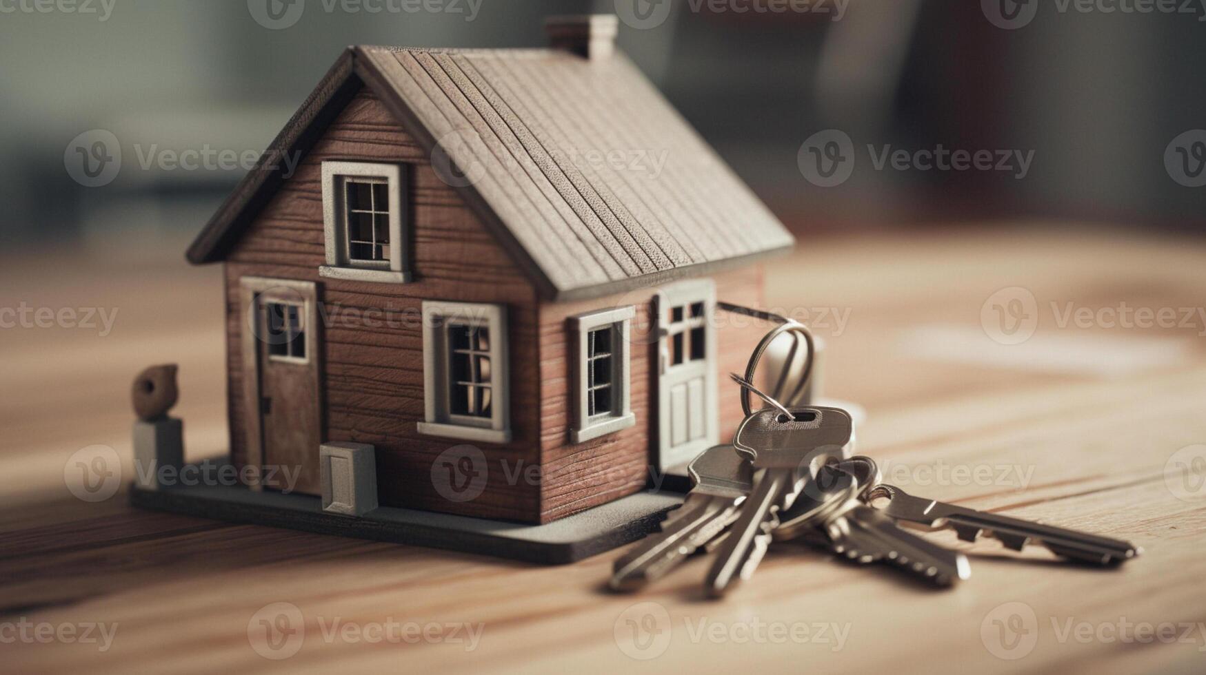 Miniature house with keys on wooden background. Real estate concept., artwork photo