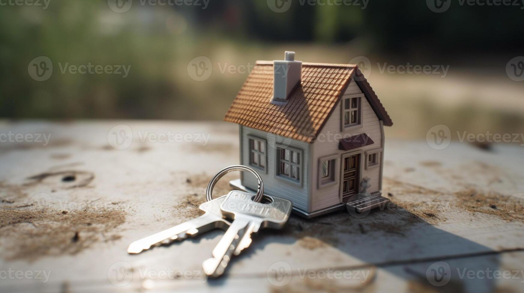 Miniature house with keys on wooden background. Real estate concept., artwork photo