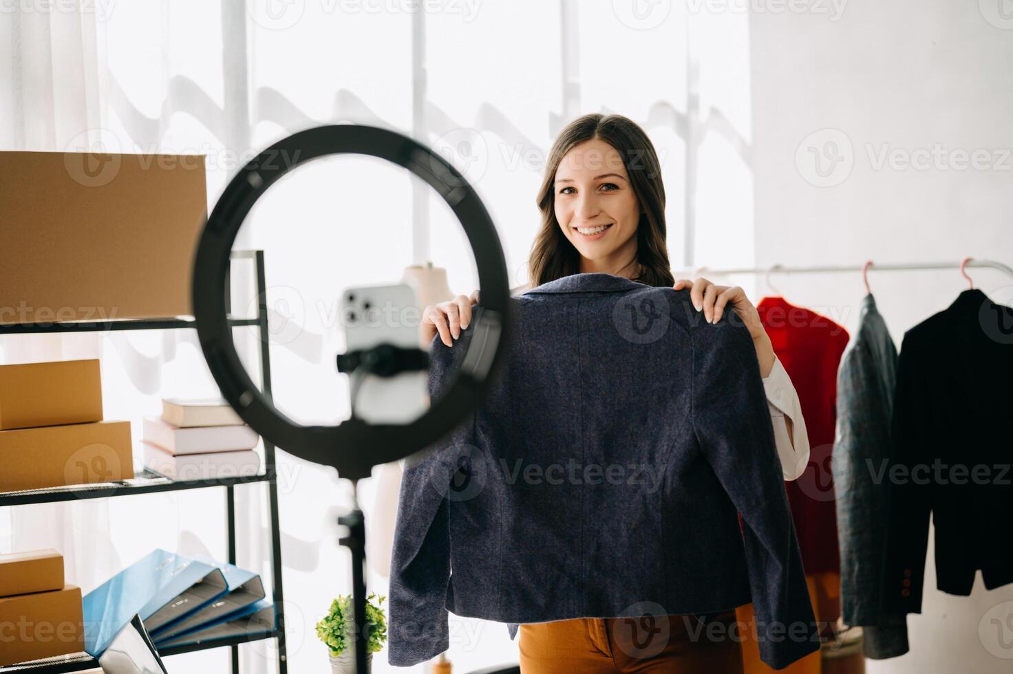 Small business entrepreneur SME freelance woman working at office, BOX,tablet and laptop online, marketing, packaging, delivery,  e-commerce concept photo