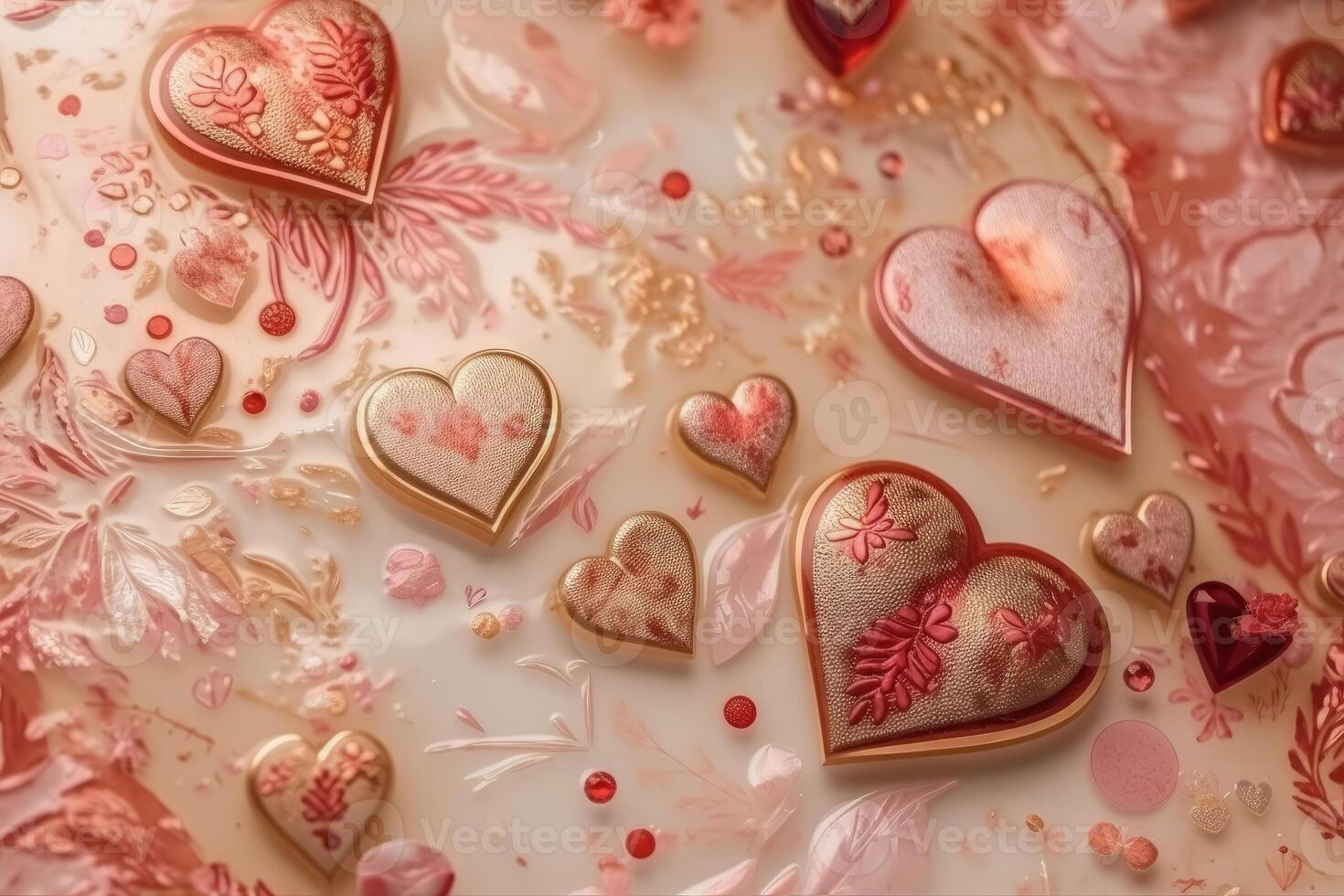 View from above of a glittering surface with Valetine's day motifs created with technology. photo
