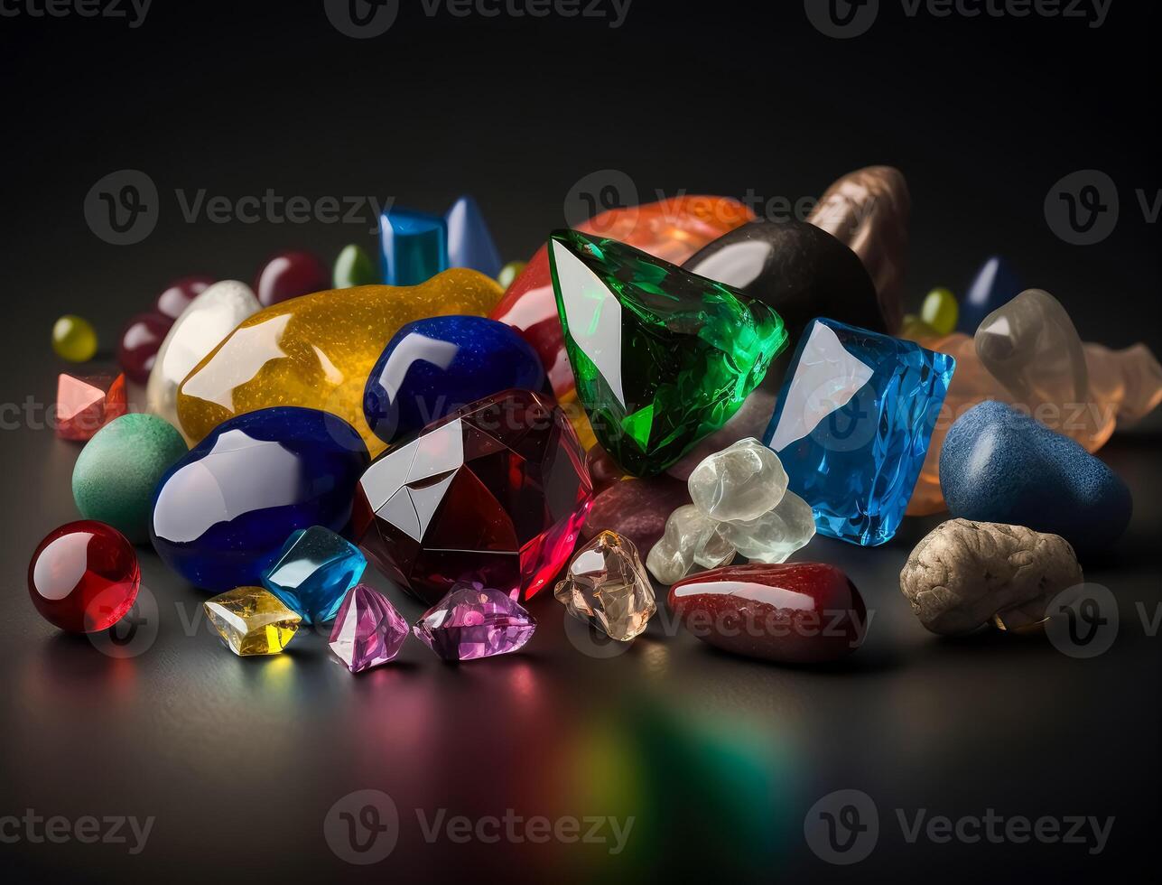 muchos diferente de colores piedras preciosas en un oscuro mesa creado con generativo ai tecnología. foto