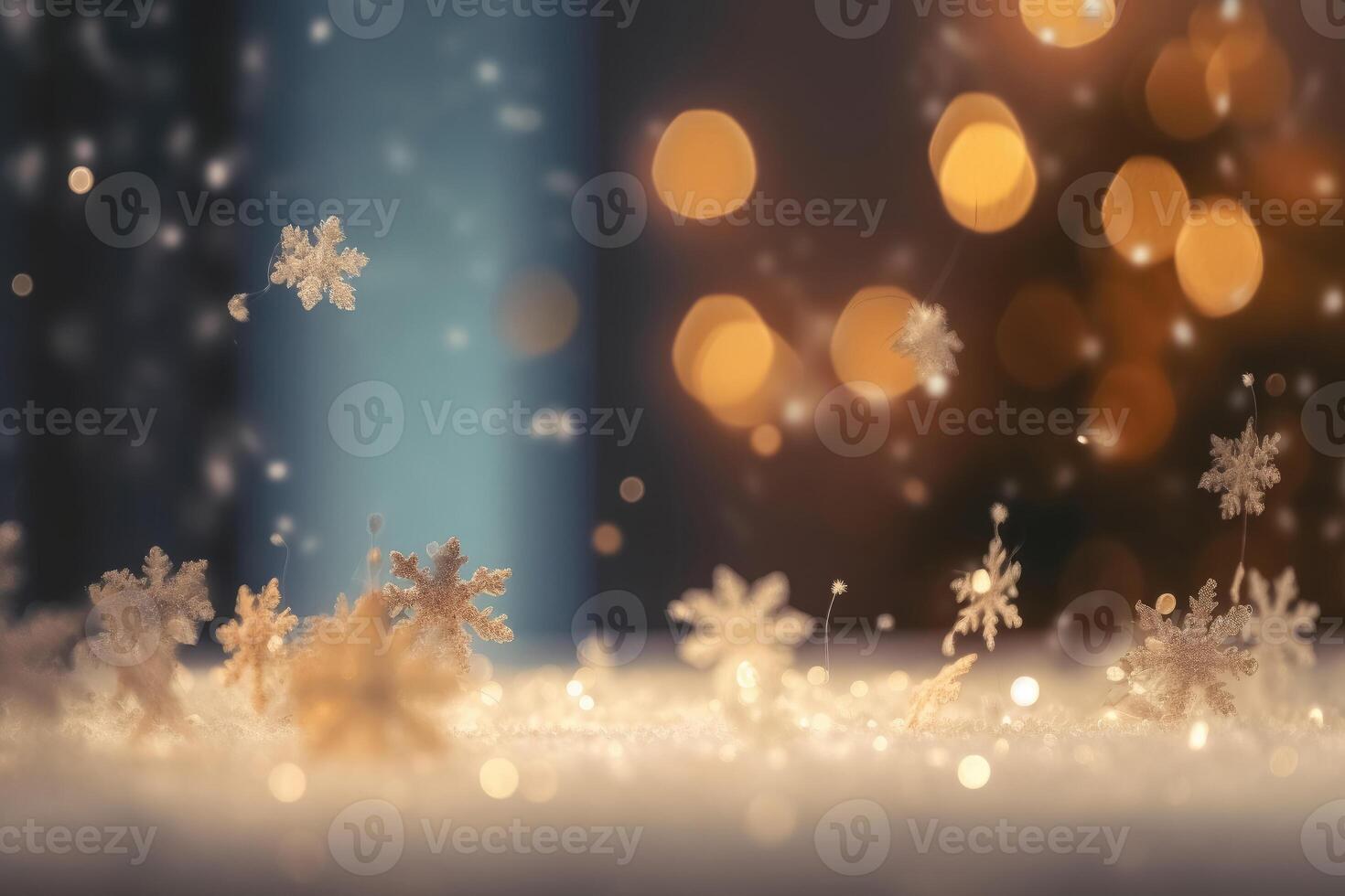 A beautiful christmas background with stars and snowflakes and soft bokeh lights created with technology. photo