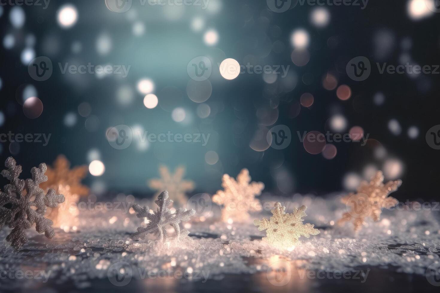 A beautiful christmas background with stars and snowflakes and soft bokeh lights created with technology. photo