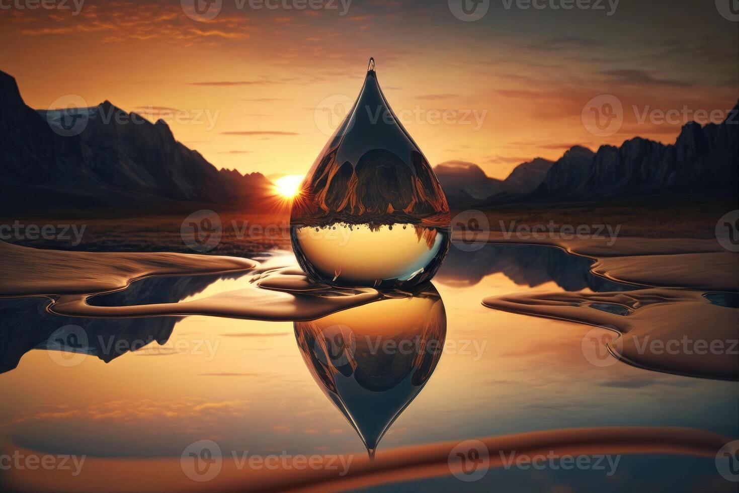 A large drop of water falls into a water surface in the sunset created with technology. photo