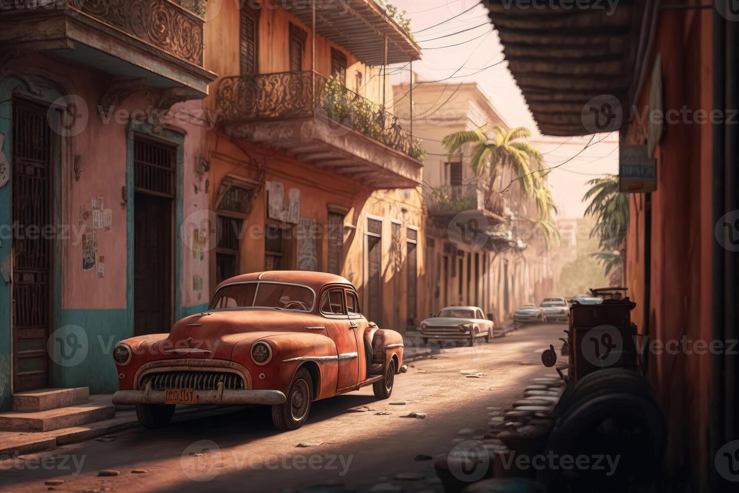 A Street in a town in a cubanic look with a lot of old rusty cars and no people created with technology. photo