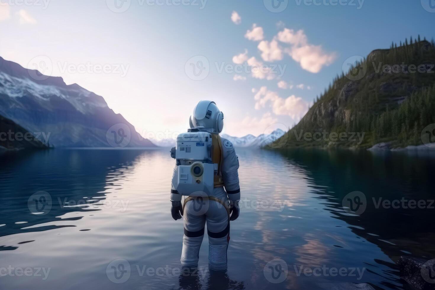 A female astronaut stands by a lake and looks at the stars created with technology. photo