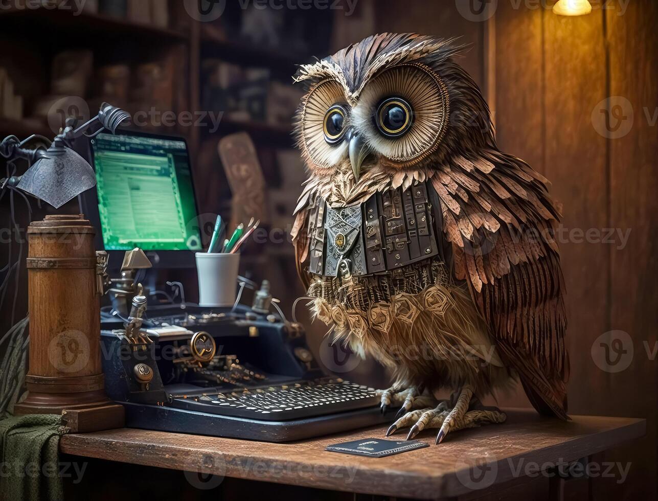 A steampunk owl works very diligently with a computer at a desk made of old wood created with technology. photo