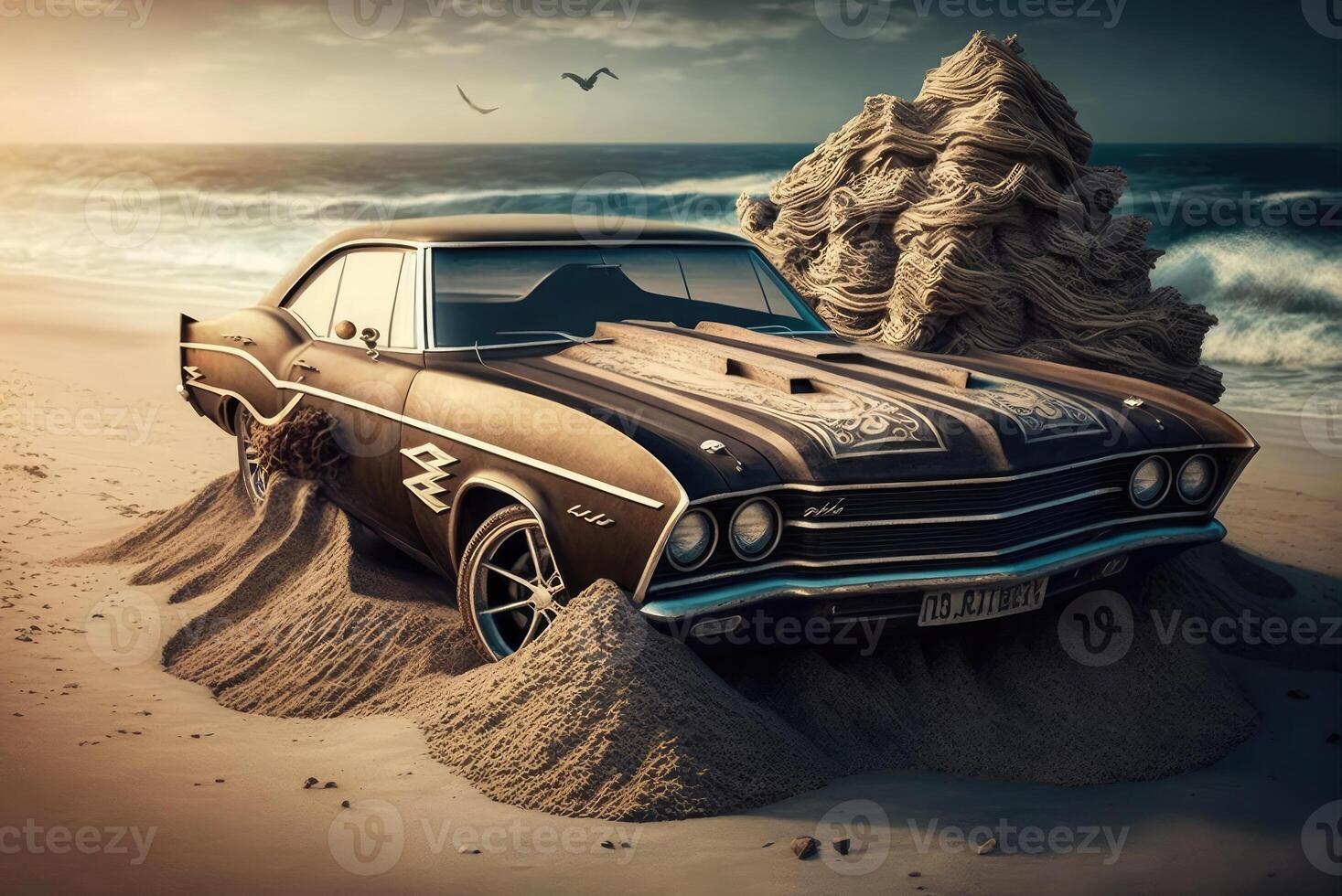 A fast muscle car churns up sand in a desert created with technology. photo