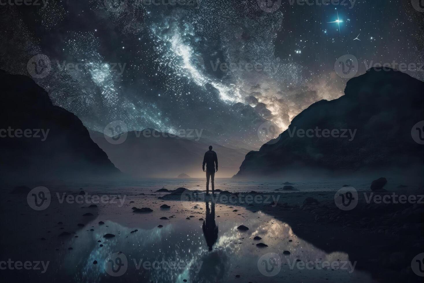 A lone person looks up at the stars of the Galaxy at night created with technology. photo