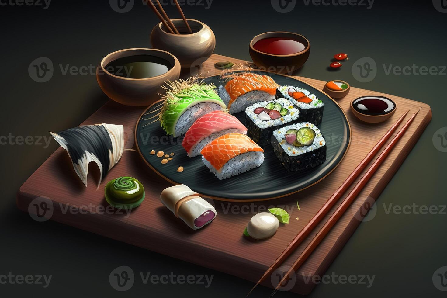 Very tasty sushi served on a dark wooden plate with chopsticks and sauces created with technology photo