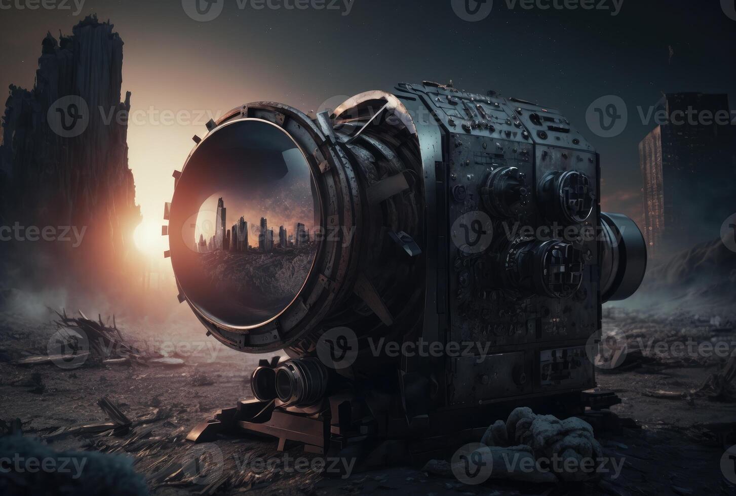 Reflection of an apocalyptic city on the lens of a camera created with technology. photo