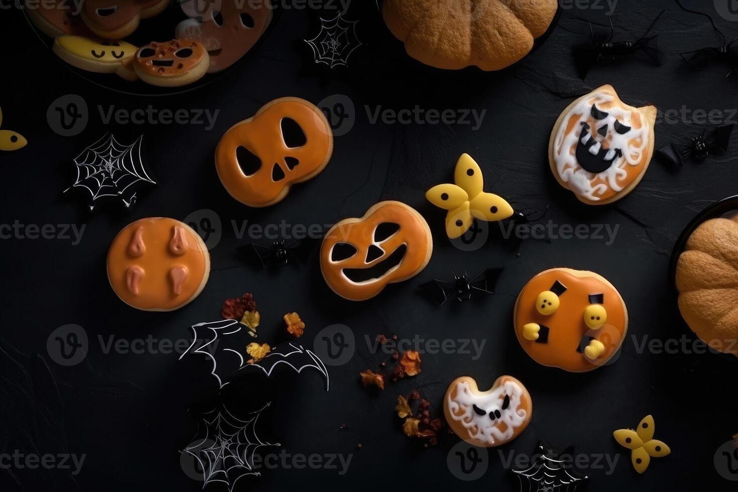 Top view on spooky halloween cookies on a dark background created with technology. photo