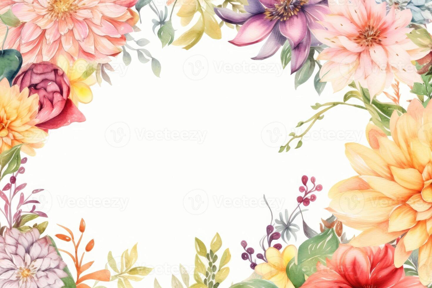 Floral frame decor in colorful watercolors on a white background created with technology. photo