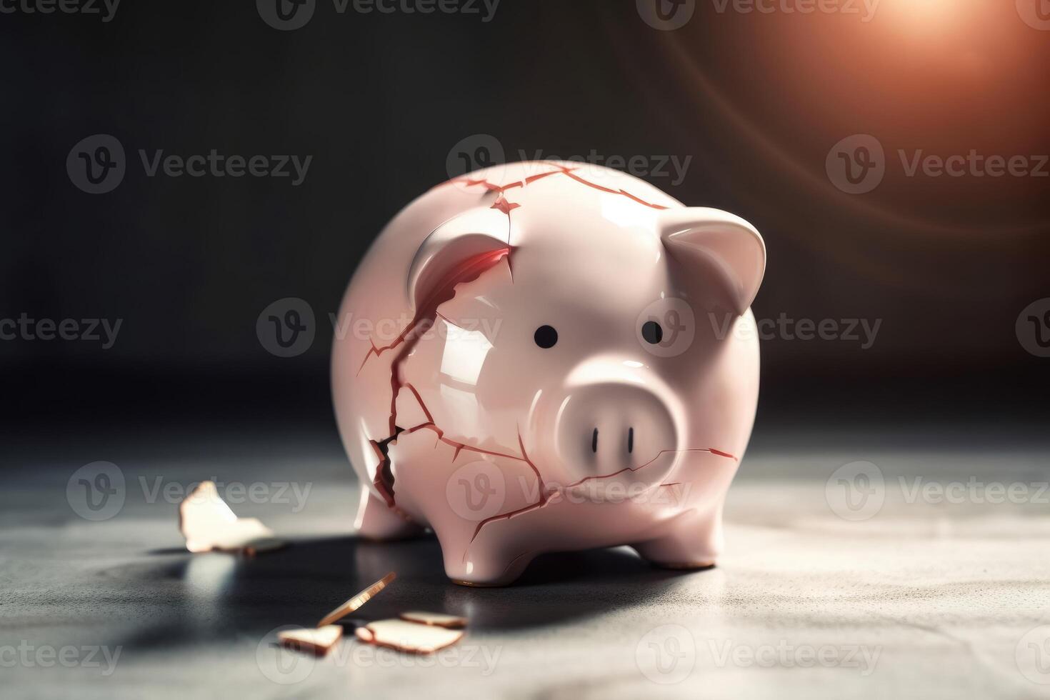 un triste cerdito banco con grietas y un yeso indica insolvencia creado con generativo ai tecnología. foto