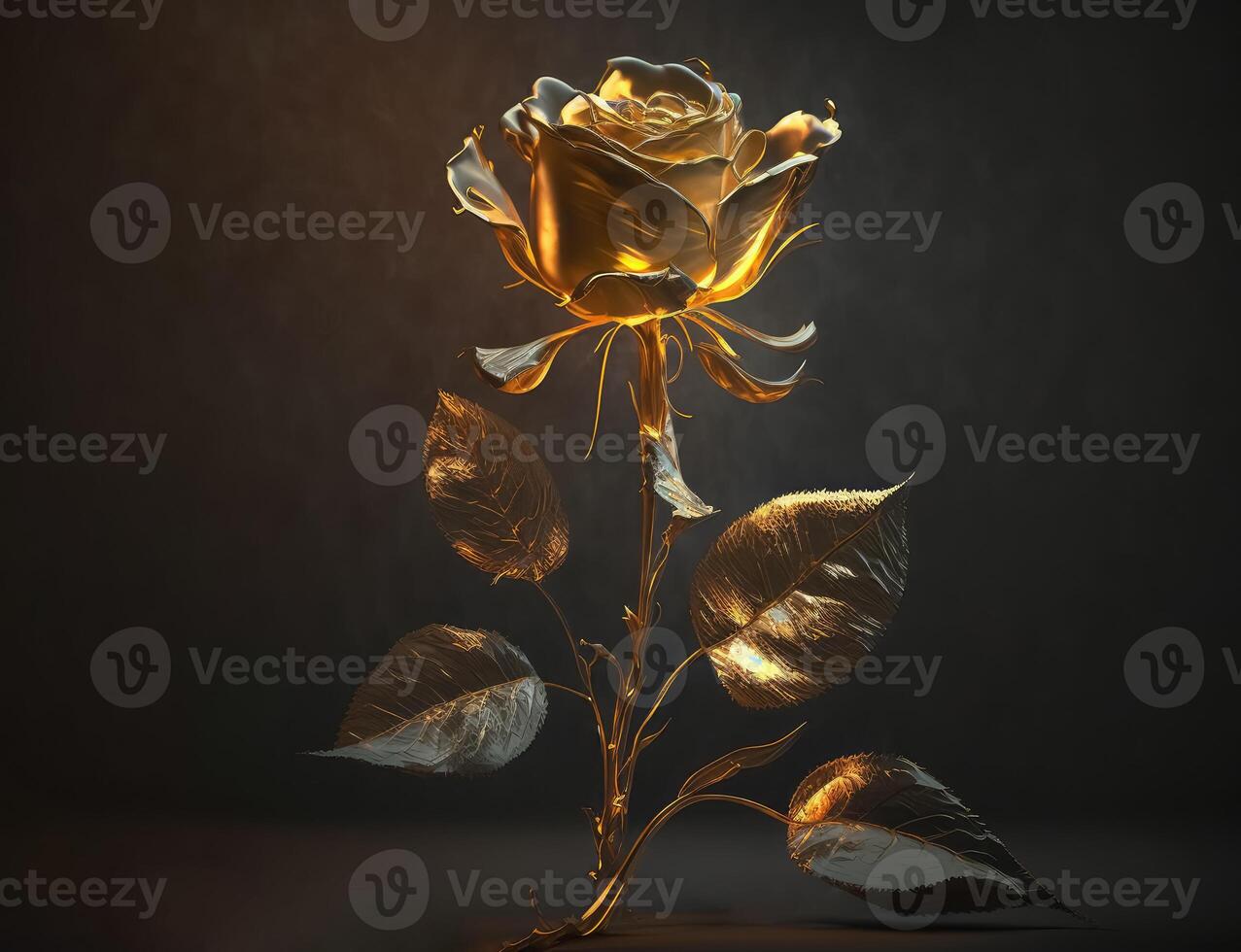 A long-stemmed rose with golden petals against a dark background created with technology. photo
