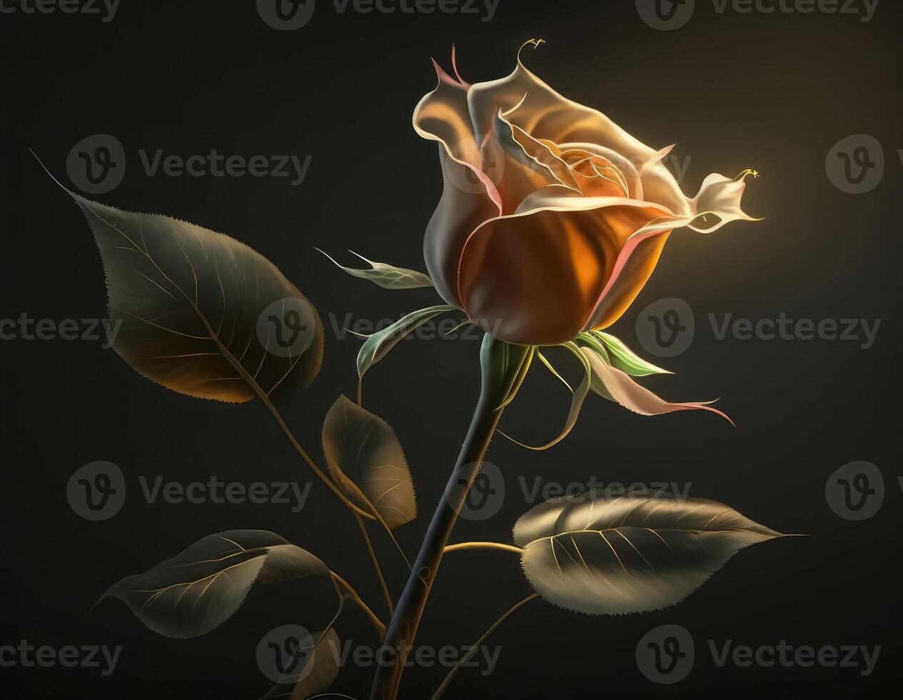 A long-stemmed rose with golden petals against a dark background created with technology. photo