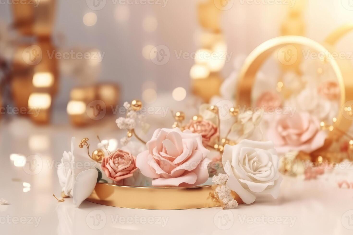 A beautiful wedding background with flowers and gold ornaments on a light background created with technology. photo